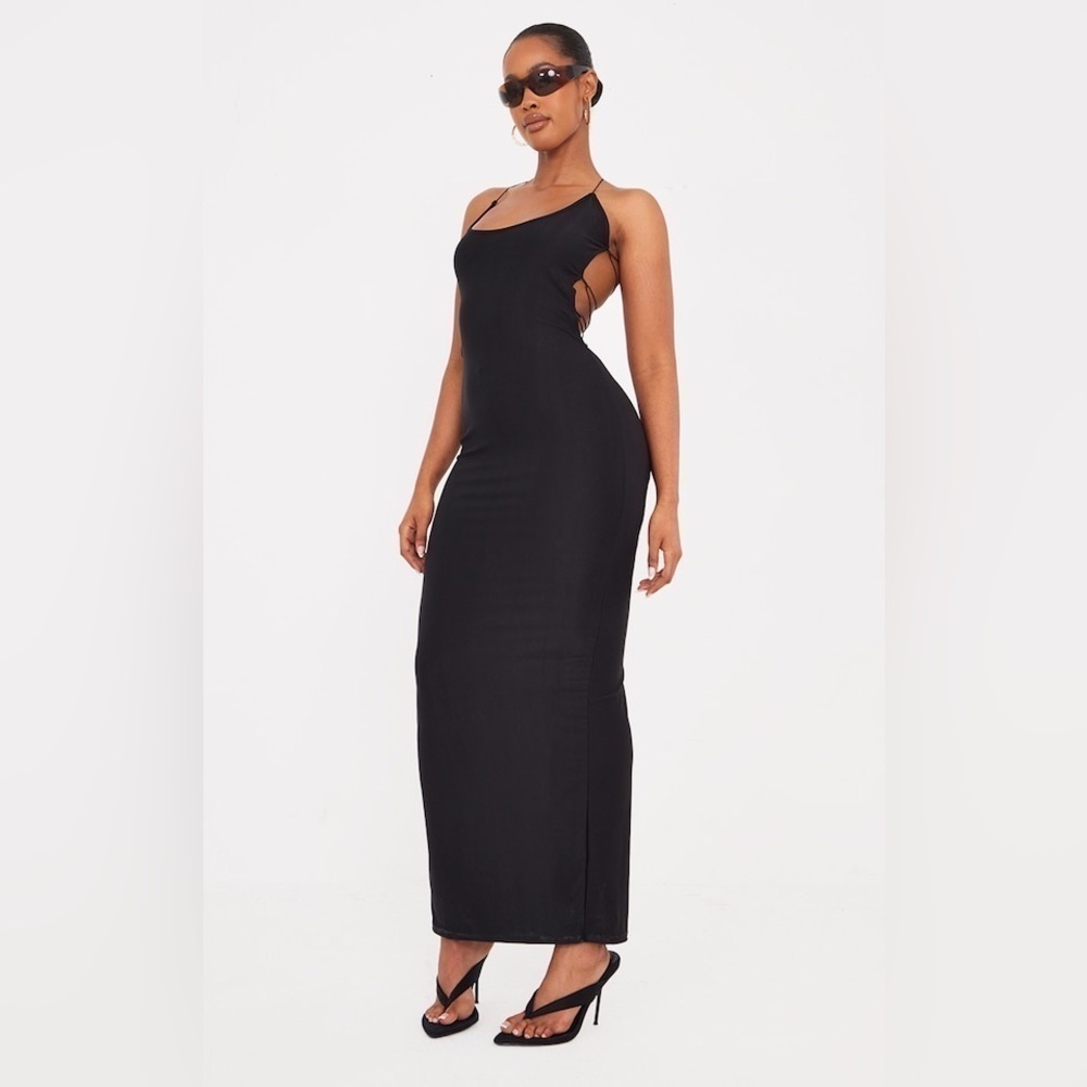 Pretty Little Thing Black Slinky Lace Up Strappy Back Maxi Dress Nwt Size 6 8